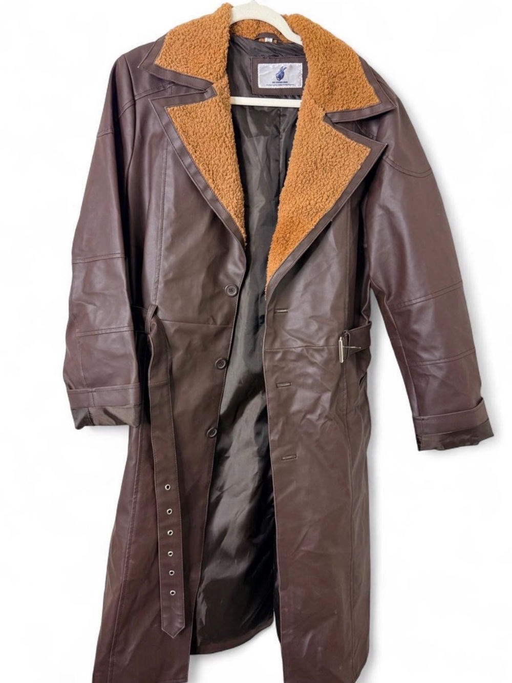 The Leather Gems Genuine Leather Brown Sherpa Trench Coat XS Belted Long Jacket